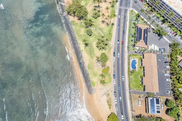 Aerial coastal view showing the shoreline and roads