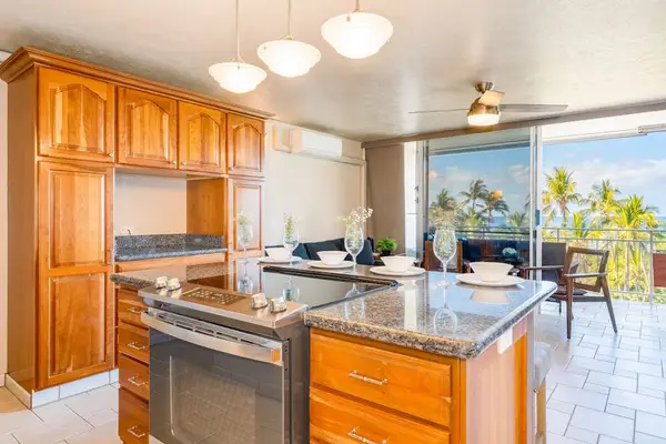 Stainless steel kitchen open to the dining room and tropical views.