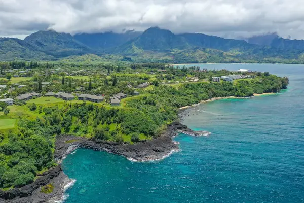 Vibrant tropical grounds surround the property beneath bright island skies