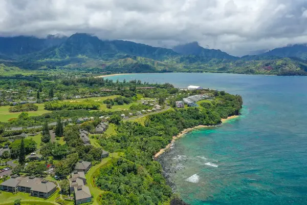 Expansive aerial scenery captures homes, gardens, mountains, and coastal waters