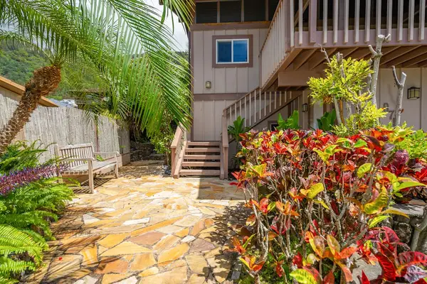 Exterior entrance approached through garden greenery