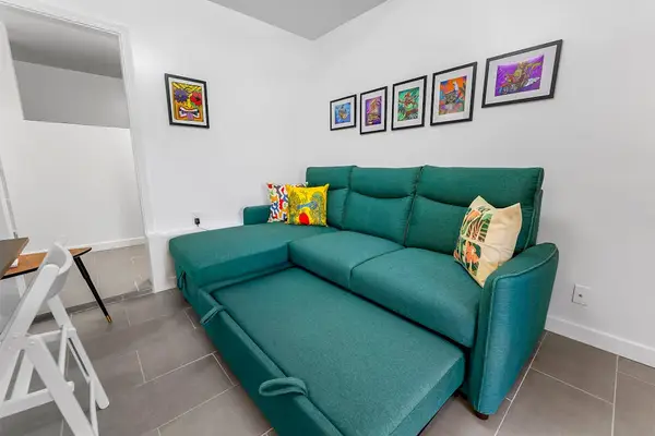 Cozy studio room with comfortable sofa bed and modest styling