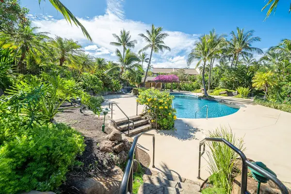 Sparkling poolside oasis invites sunlit swims beneath swaying tropical palms