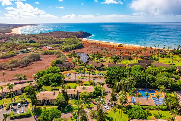 Aerial island panorama displays coastline, homes, greenery, and ocean waters
