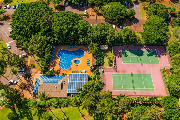 Aerial view highlights swimming pool, tennis court, gardens, and homes