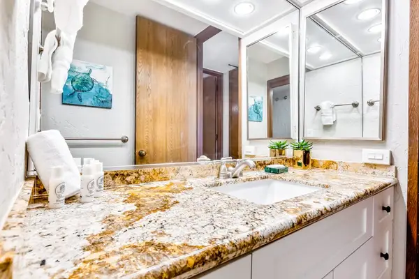 The stylish full bathroom features a spacious vanity with plenty of counter space.