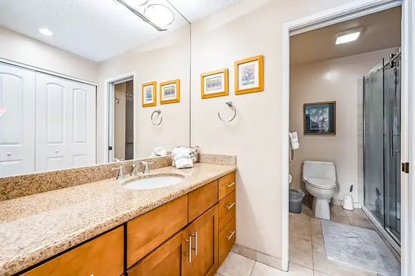 Bathroom vanity provides spacious counter room mirror and ample storage