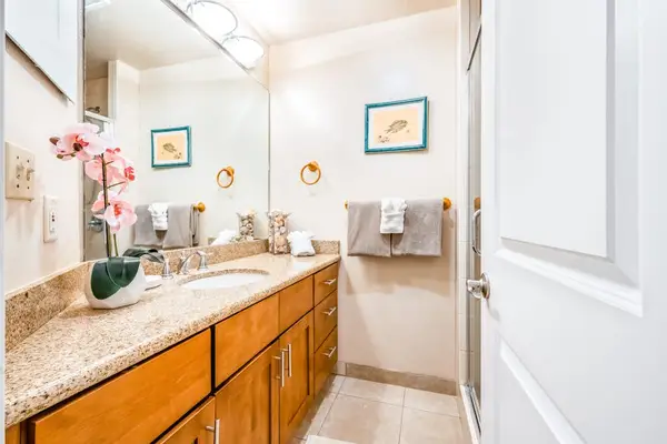 Full bathroom vanity features double sinks mirror and floral accents