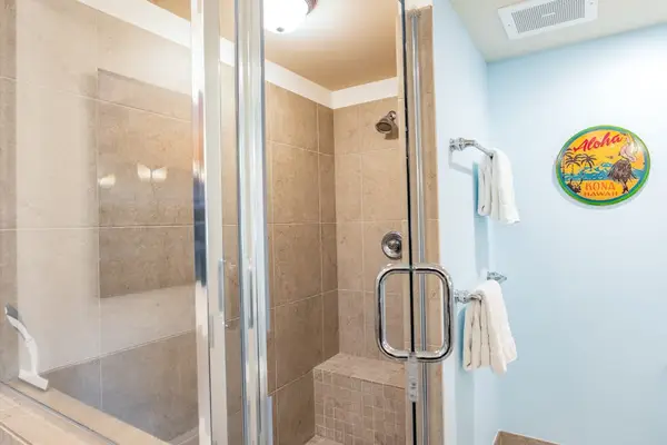 Tile Stand-Up Shower with Glass Door and Built-In Bench