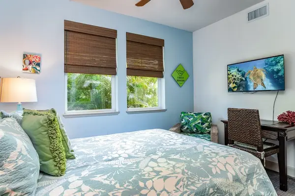 Bright Guest Bedroom Featuring Flat-Screen TV and Dedicated Workstation