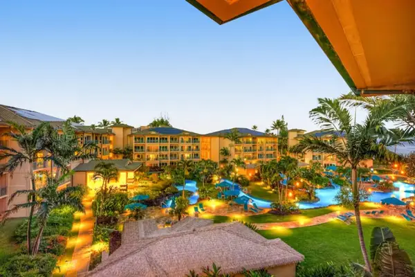 Sunset Balcony View of Resort Grounds & Central Pool