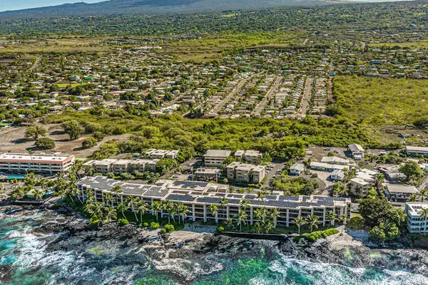 Panoramic aerial view of the resort complex and oceanfront shoreline