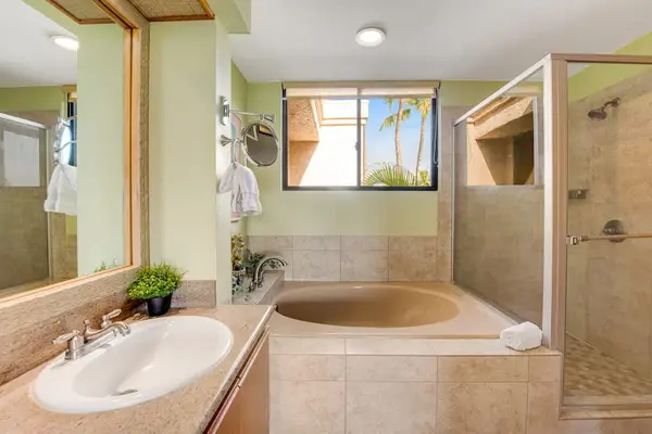 Bathroom features soaking tub, vanity, mirrors, tilework, windows, and lighting