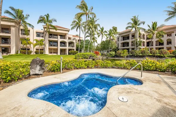 Hot tub area offers bubbling water, palms, seating, and landscaping