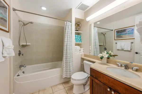 Guest bathroom with tub/shower combo.