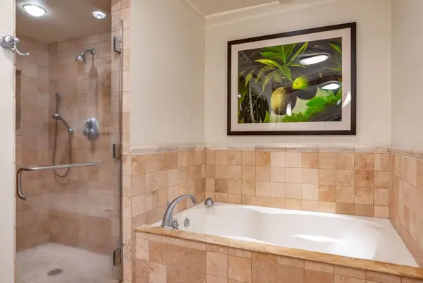 Bathroom with a soaking tub and walk-in shower