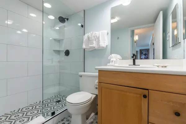 Newly remodeled bathroom with modern tiled walk-in shower.