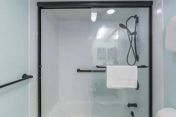 Guest bathroom with walk-in shower.