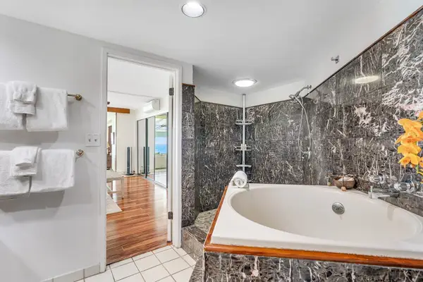 Primary en-suite with a walk-in tub and dramatic stone details