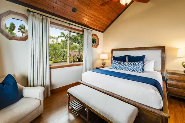 Primary King Suite with Vaulted Wood Ceilings & Garden Views