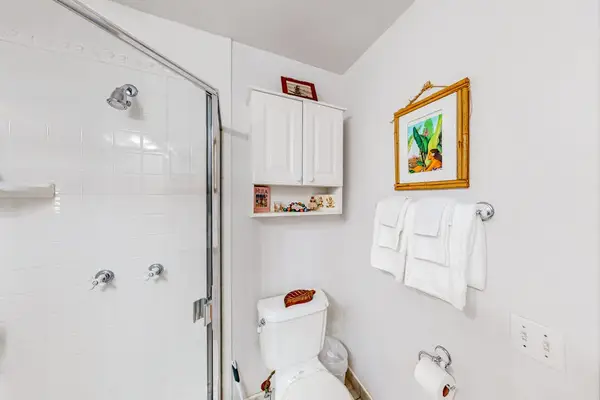 Second bathroom features glass shower, toilet, towels, artwork, and shelving