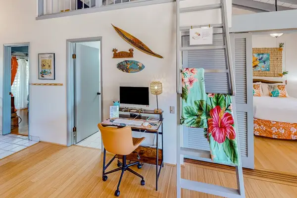 Living room workspace includes desk, chair, television, plants, and shelving