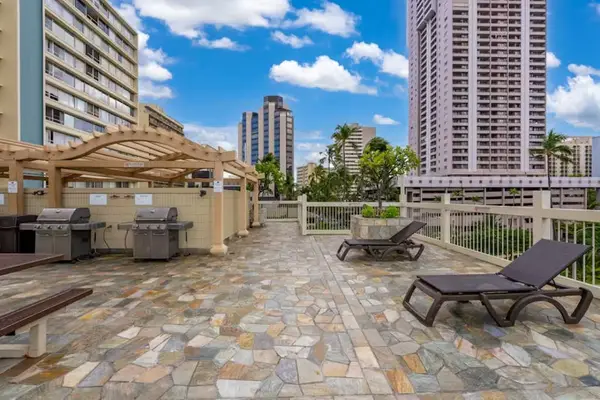 Pool deck with shared barbecues