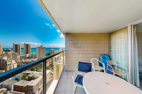 Enjoy city and ocean views from the sunny balcony