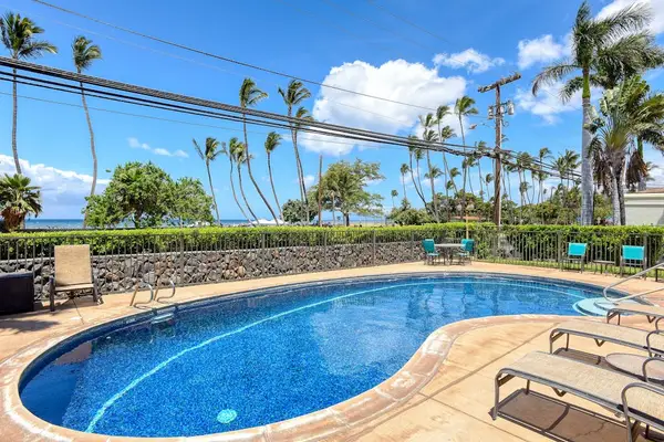 Community pool surrounded by tropical palms