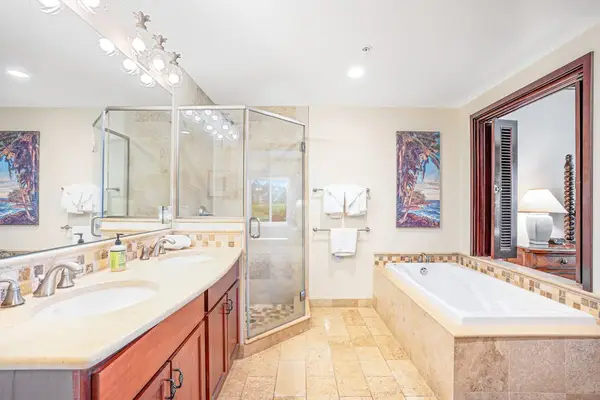 Luxurious primary en suite featuring dual sinks, a large soaking garden tub, and a spacious tiled walk-in shower.