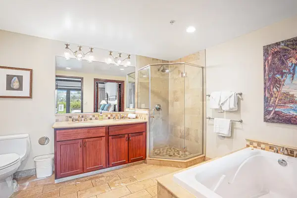 Luxurious primary en suite featuring dual sinks, a large soaking garden tub, and a spacious tiled walk-in shower.