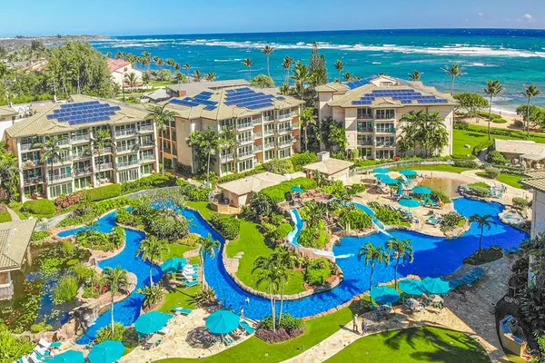 Aerial view of Waipouli Beach Resort showing the winding Lazy River
