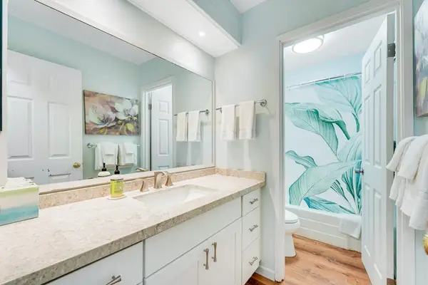 Guest bathroom with tub/shower combo.