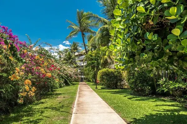 Stroll through the lush resort courtyard and reconnect with Hawaii’s tropical beauty, surrounded by vibrant flowers and swaying palms