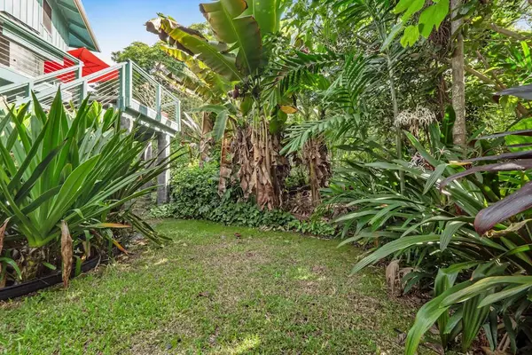 A private tropical retreat. A green lawn path winds through a dense landscape of structural ferns and leafy palms, tucked beneath the elevated deck. 🌿🏡