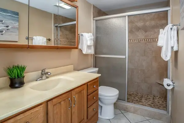 Bright bathroom with a walk-in shower