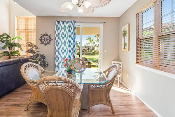 Dining room with seating for four and views of the lanai.