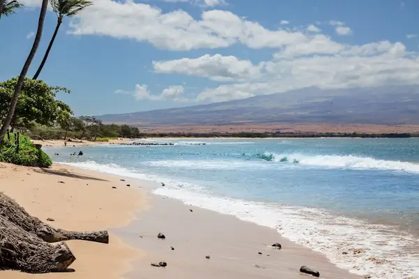 Crystal-clear turquoise waters gently wash onto pristine white sandy beaches.