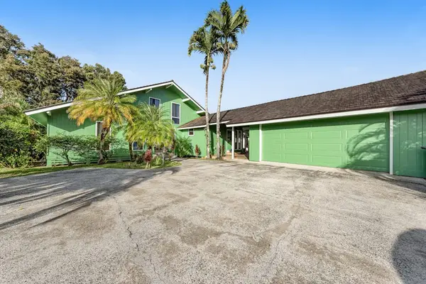 Gravel driveway opens beside green home framed by tropical palms