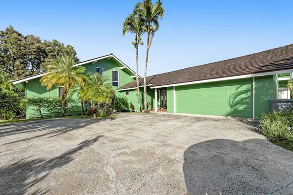 Sunlit circular driveway surrounds vibrant home beneath graceful swaying palms