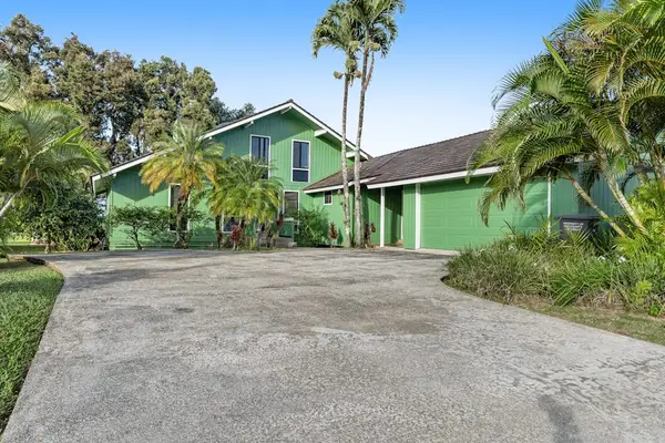 Curving gravel approach welcomes guests beneath palms and leafy shade