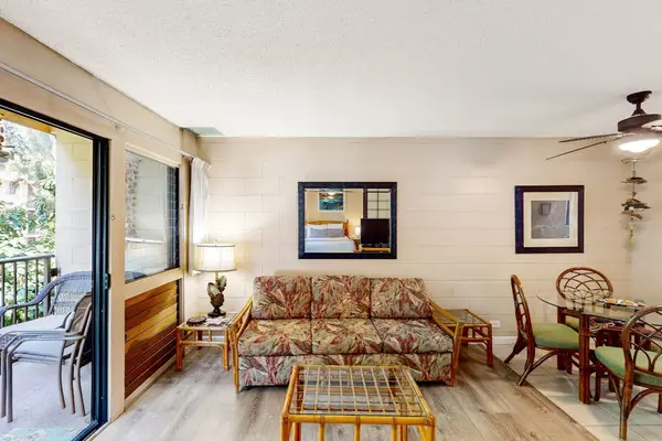 Open airy living room with flat screen tv and a pull out sofa for extra guests.
