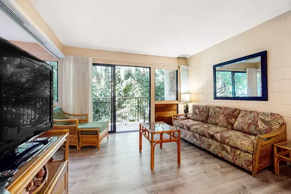 Open airy living room with flat screen tv and a pull out sofa for extra guests.