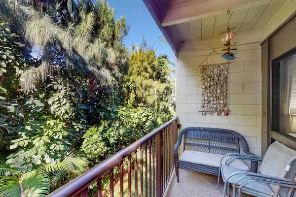 Lanai with a lush view of your tropical paradise.