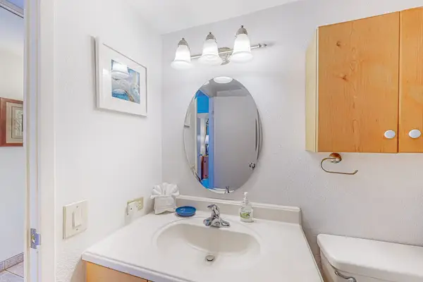 Bathroom with walk in tiled shower.