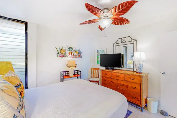 Queen bed for a great nights sleep with a fan to keep you cool.  There is also a flat screen tv for your entertainment.