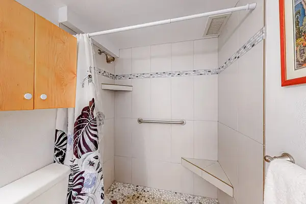 Bathroom with walk in tiled shower.
