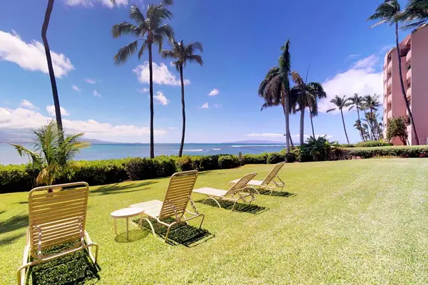 Lush grassy lawns surrounded by beautiful tropical trees create a peaceful island setting.