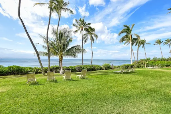Lush grassy lawns surrounded by beautiful tropical trees create a peaceful island setting.