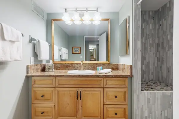 Bathroom vanity includes wooden cabinetry, double sinks, and bright lighting